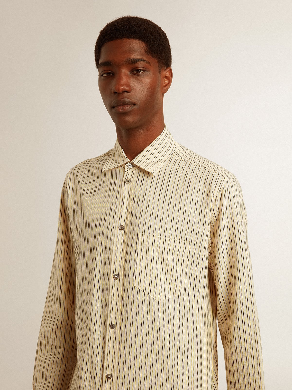 Golden Goose Men’s ecru cotton shirt with narrow black stripes