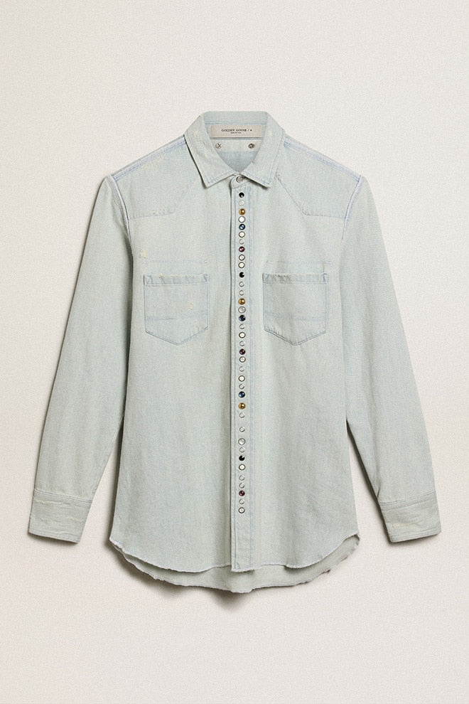 Golden Goose Men's bleached denim shirt with hammered studs