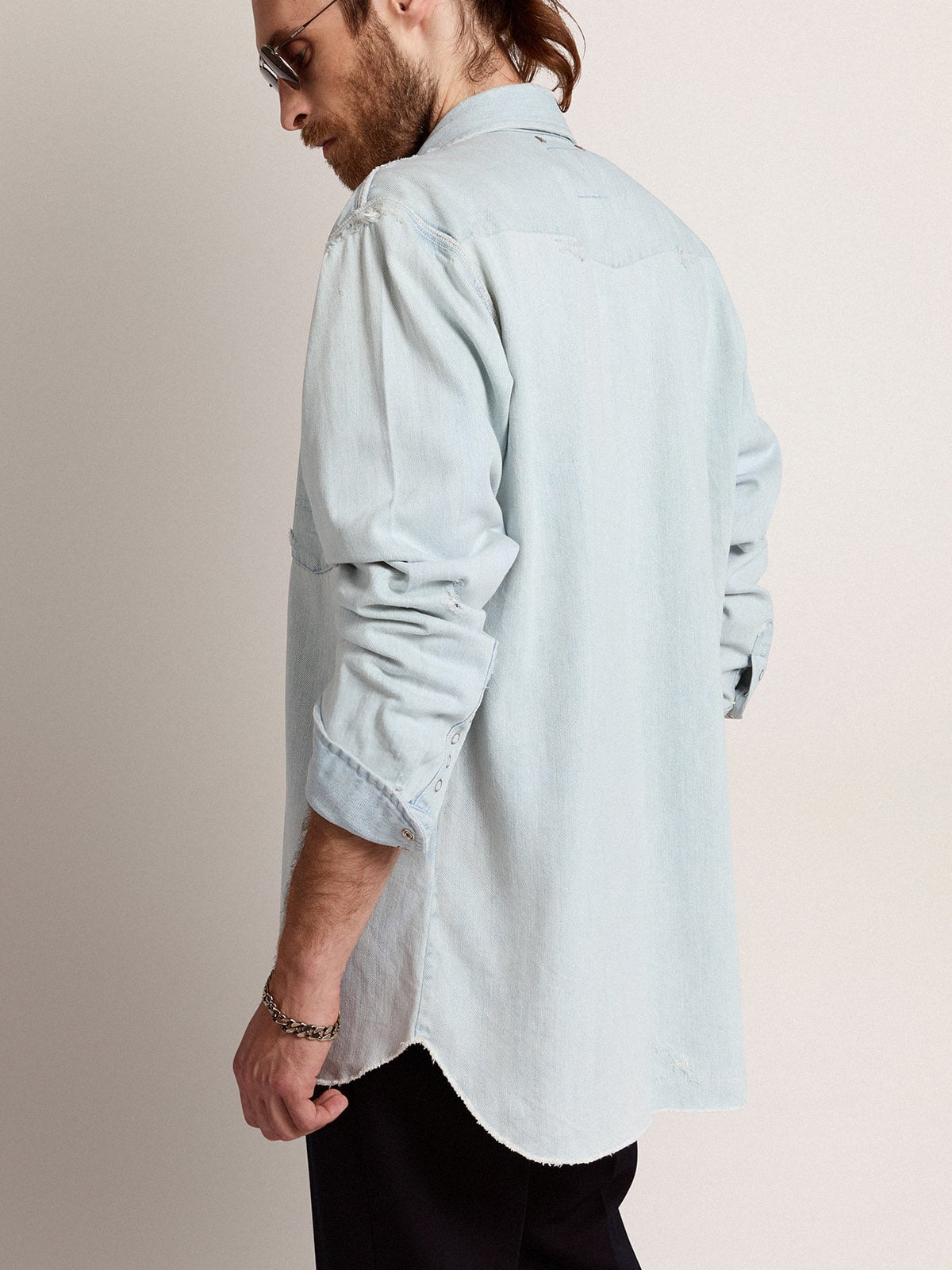 Golden Goose Men's bleached denim shirt with hammered studs