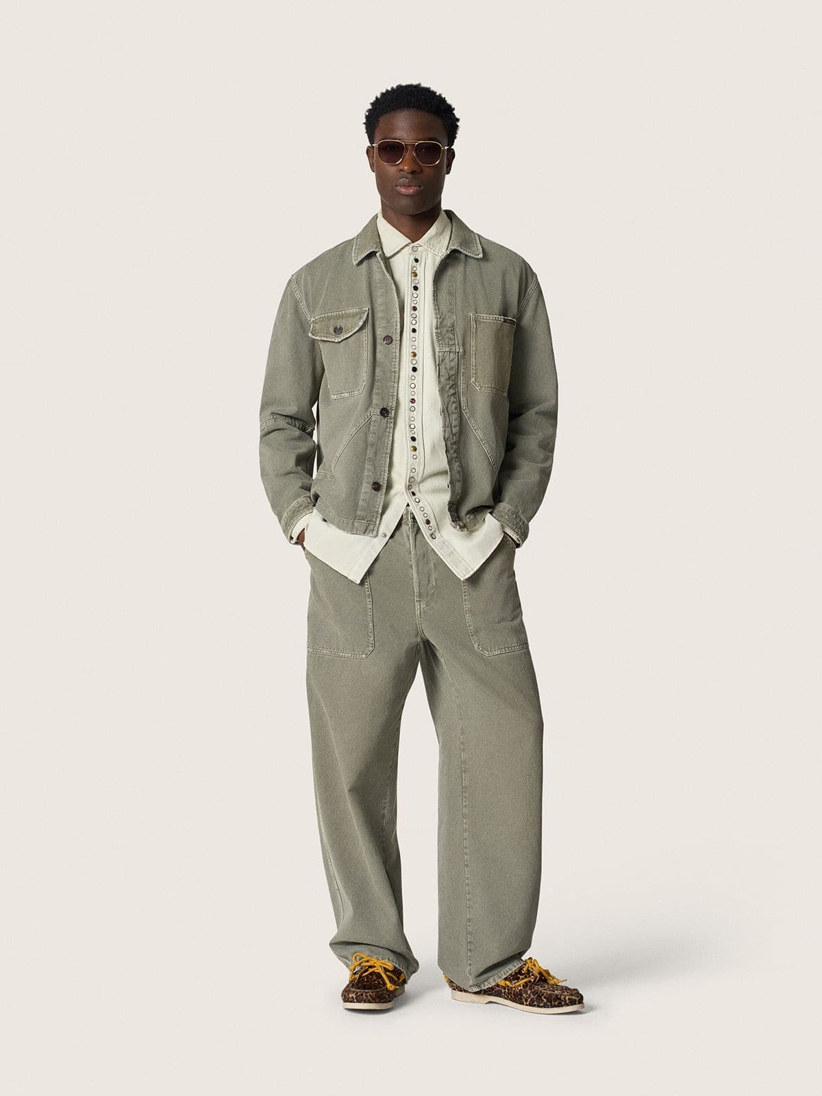 Golden Goose Men's bleached denim shirt with hammered studs