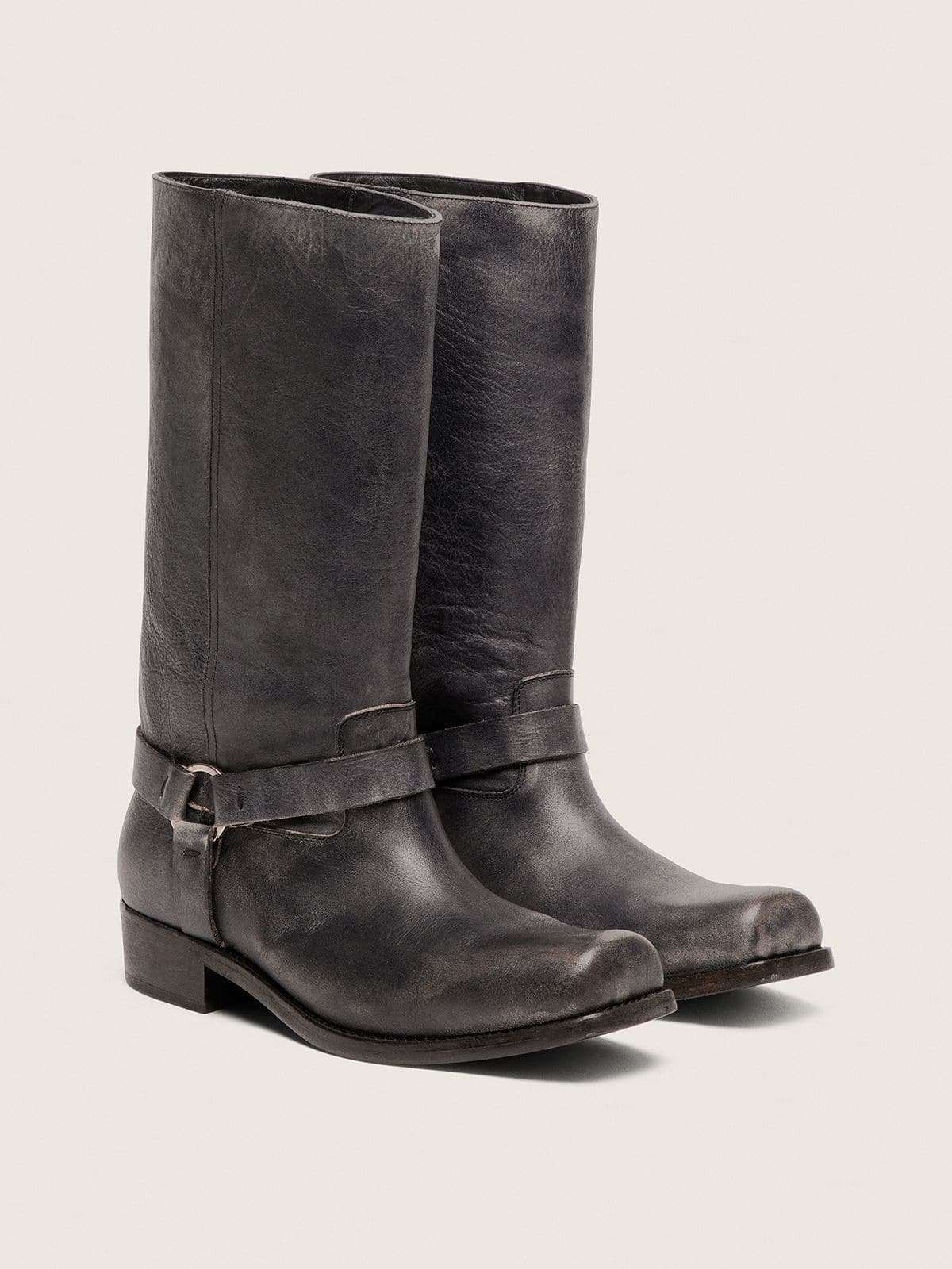 Golden Goose Men's high Biker boots in black leather with strap and silver-colored buckle