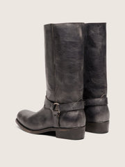 Golden Goose Men's high Biker boots in black leather with strap and silver-colored buckle