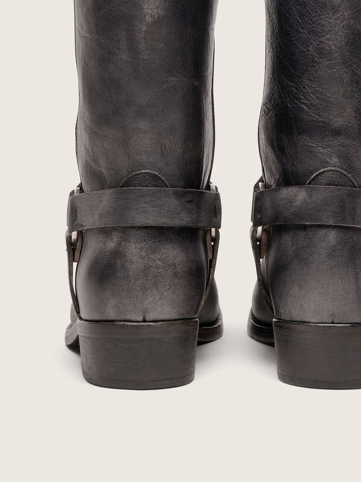Golden Goose Men's high Biker boots in black leather with strap and silver-colored buckle
