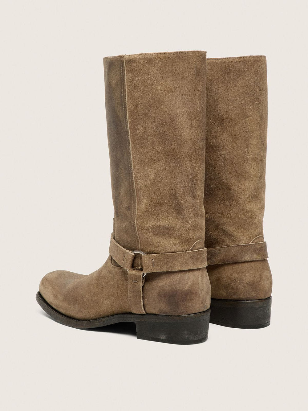 Golden Goose Men's high Biker boots in dark beige waxed suede with strap and a silver-colored buckle