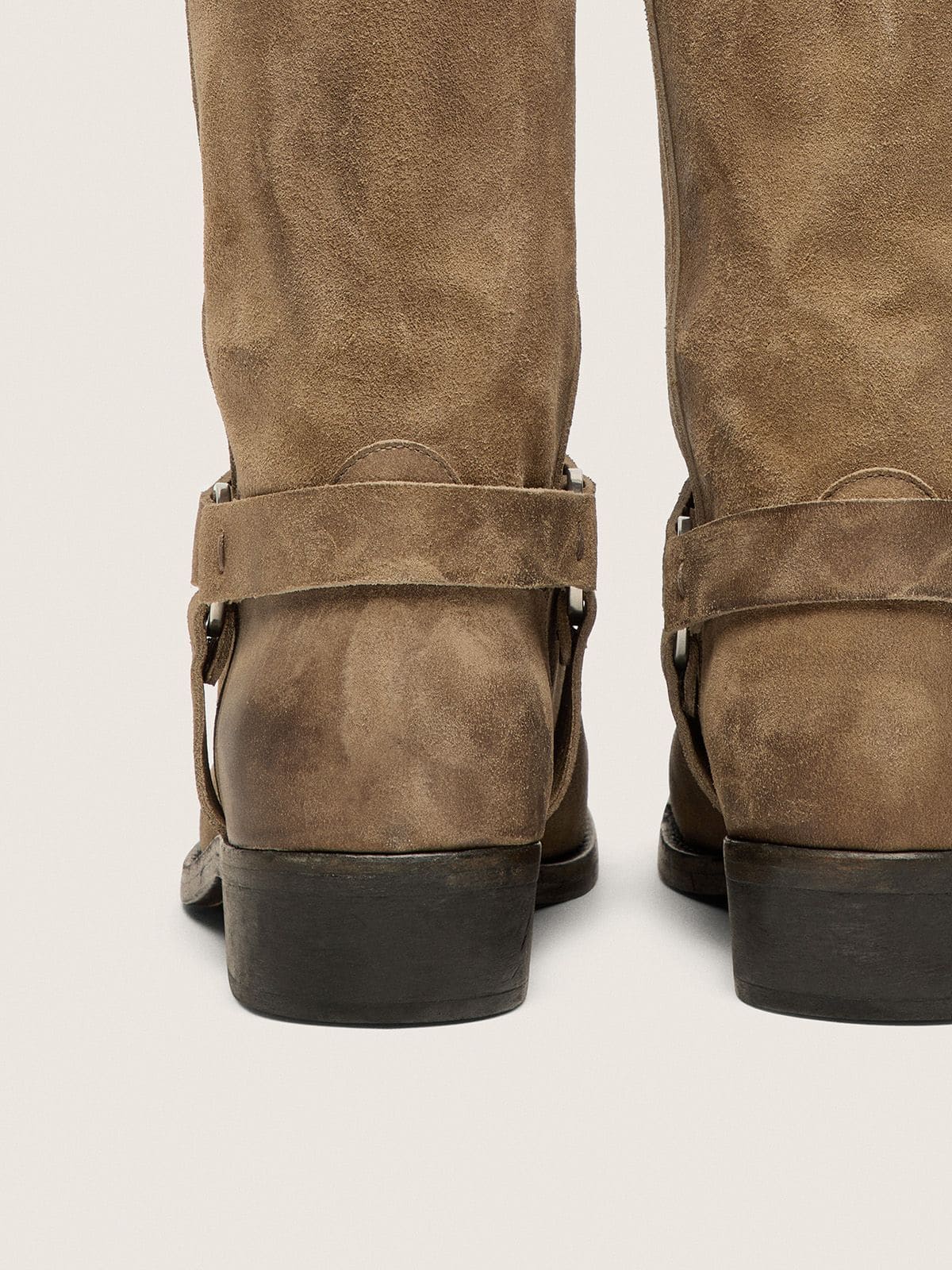 Golden Goose Men's high Biker boots in dark beige waxed suede with strap and a silver-colored buckle