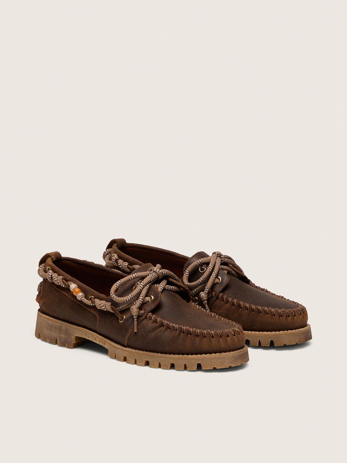 Golden Goose Men's Cruise loafers in brown waxed suede with dove gray hiking laces
