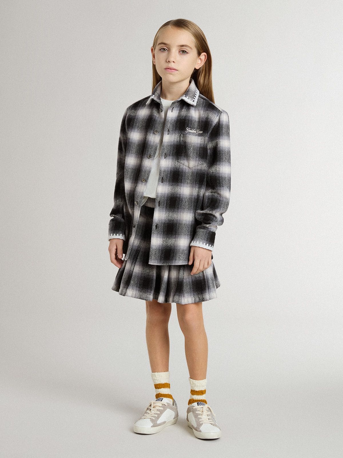 Golden Goose Kids' black and white checked shirt with white embroidery