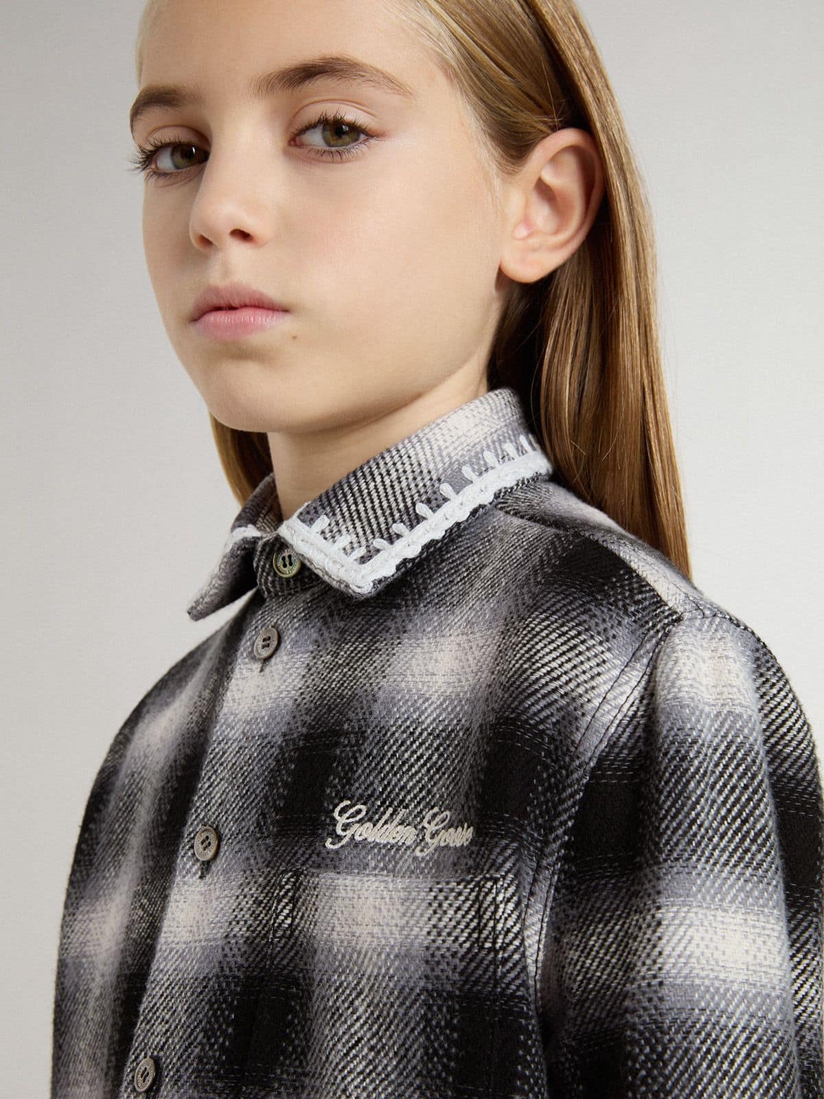 Golden Goose Kids' black and white checked shirt with white embroidery