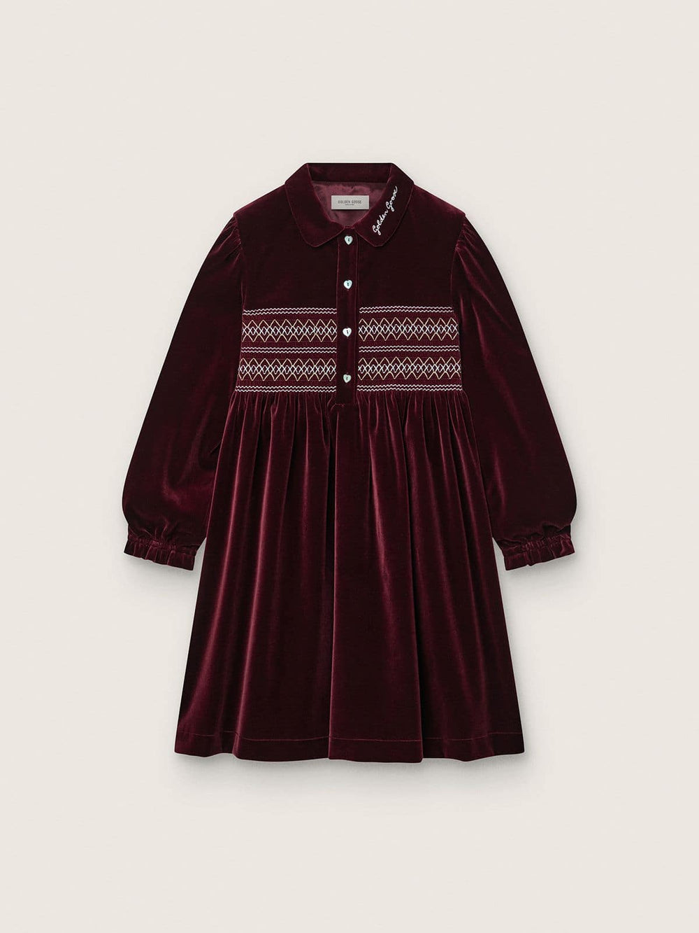 Golden Goose Girls’ burgundy velvet-effect dress with embroidery on the front