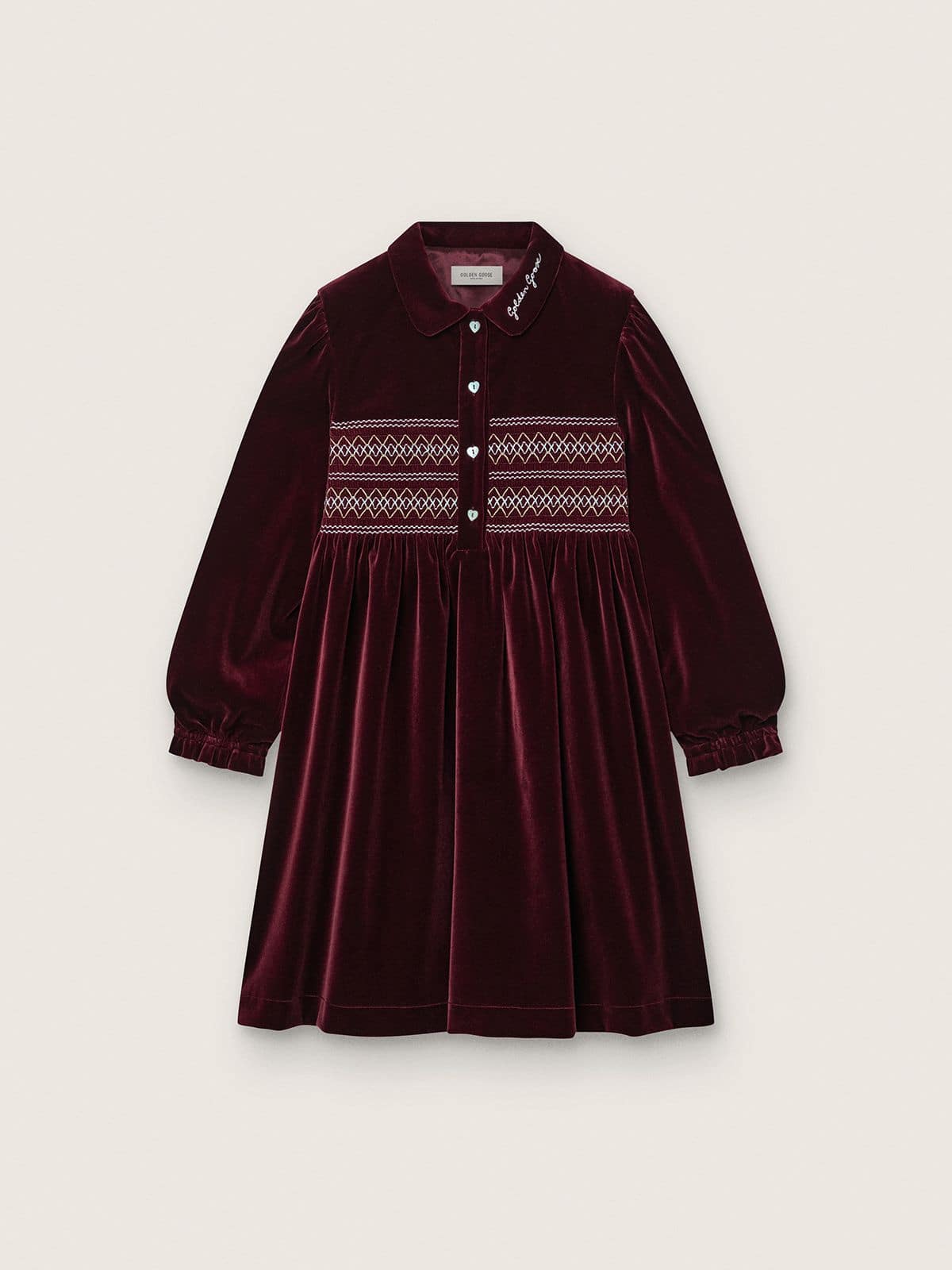 Golden Goose Girls’ burgundy velvet-effect dress with embroidery on the front