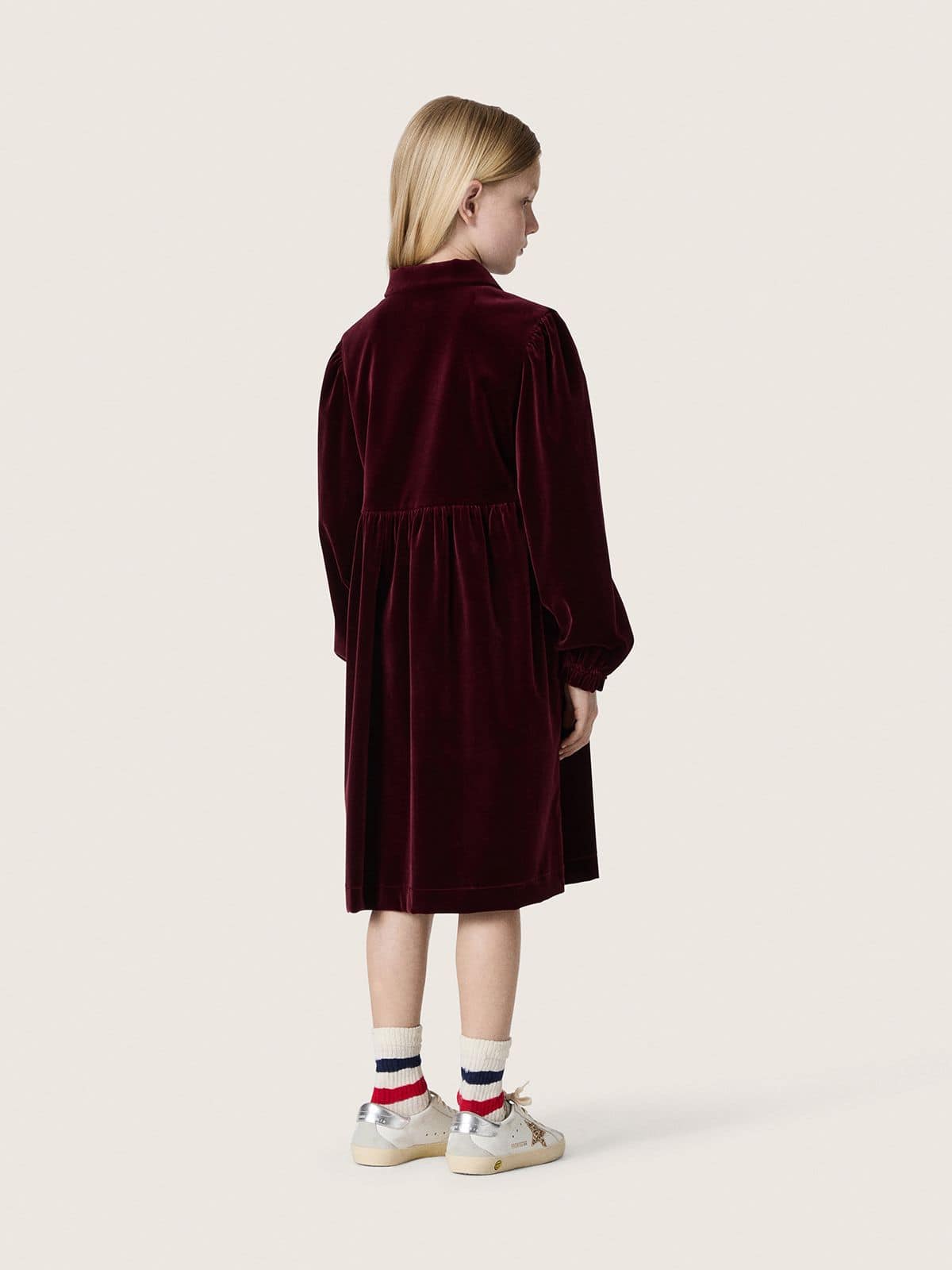 Golden Goose Girls’ burgundy velvet-effect dress with embroidery on the front
