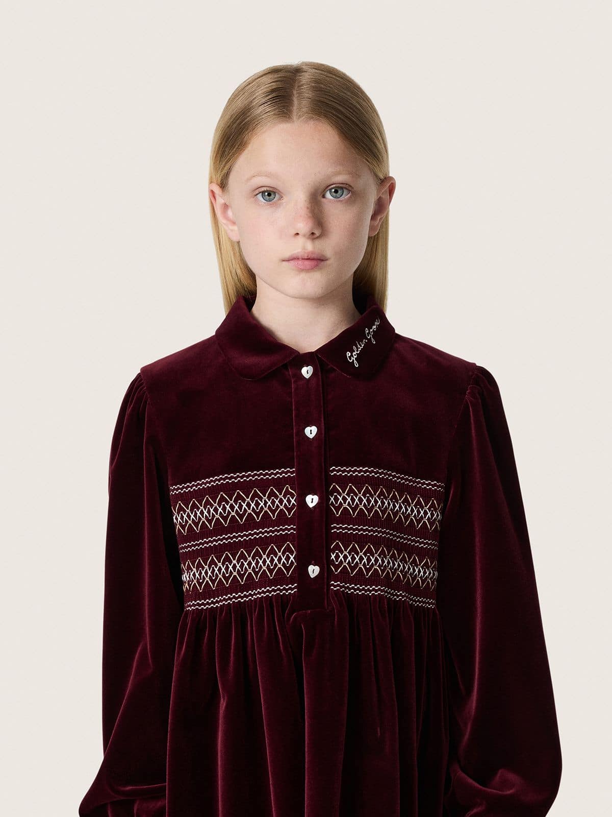 Golden Goose Girls’ burgundy velvet-effect dress with embroidery on the front