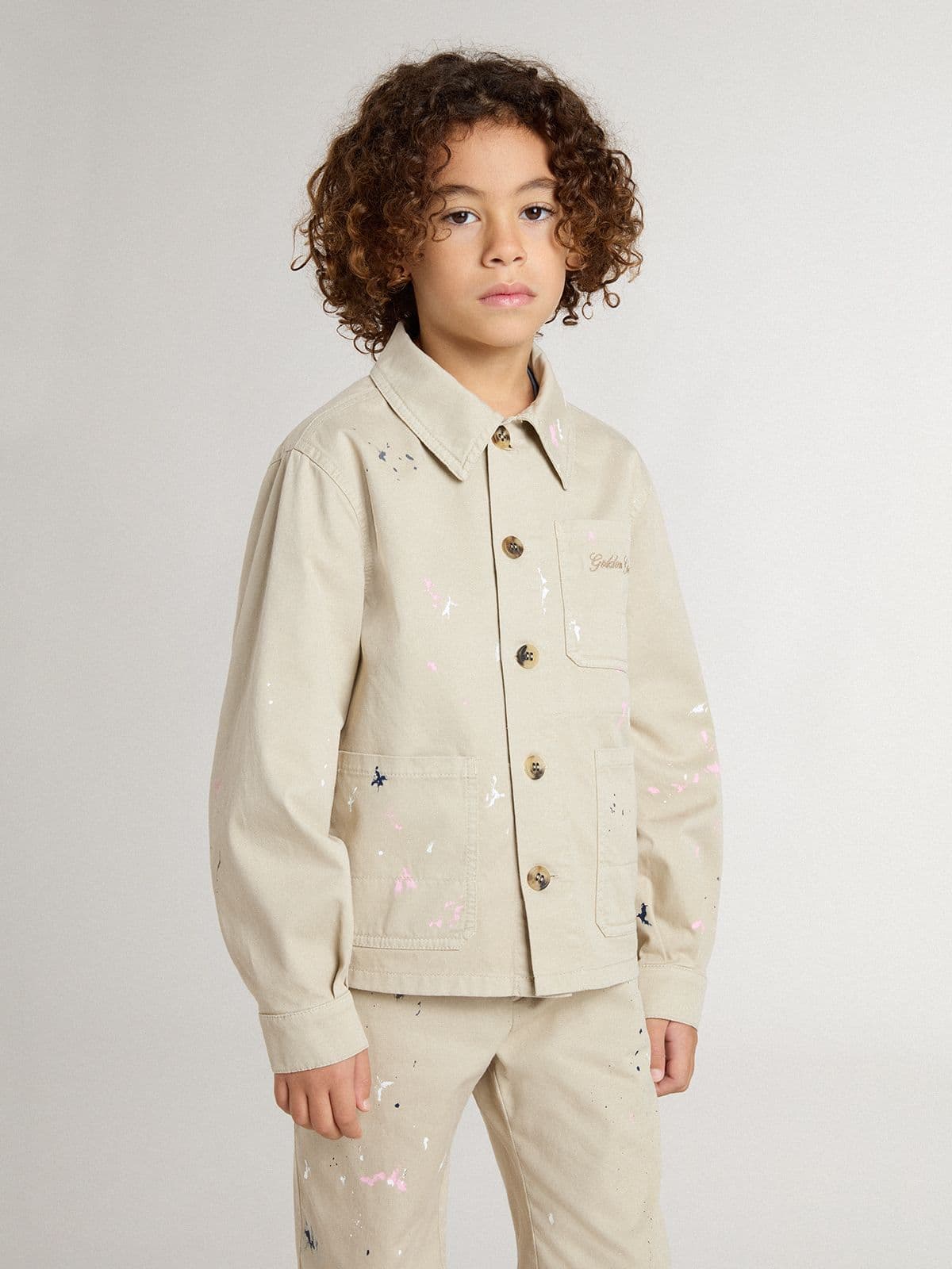 Golden Goose Kids’ beige jacket with multicolor splashes