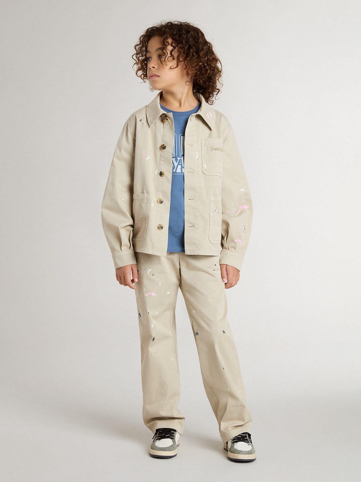 Golden Goose Kids’ beige jacket with multicolor splashes