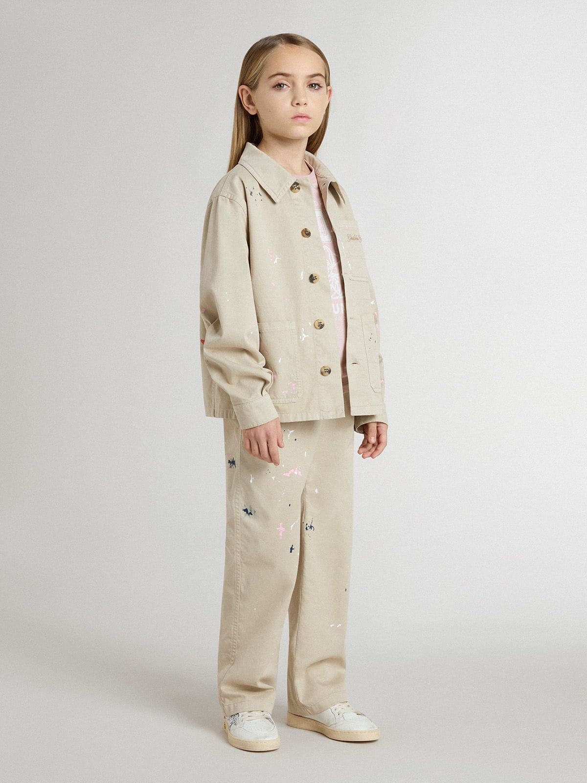 Golden Goose Kids’ beige jacket with multicolor splashes