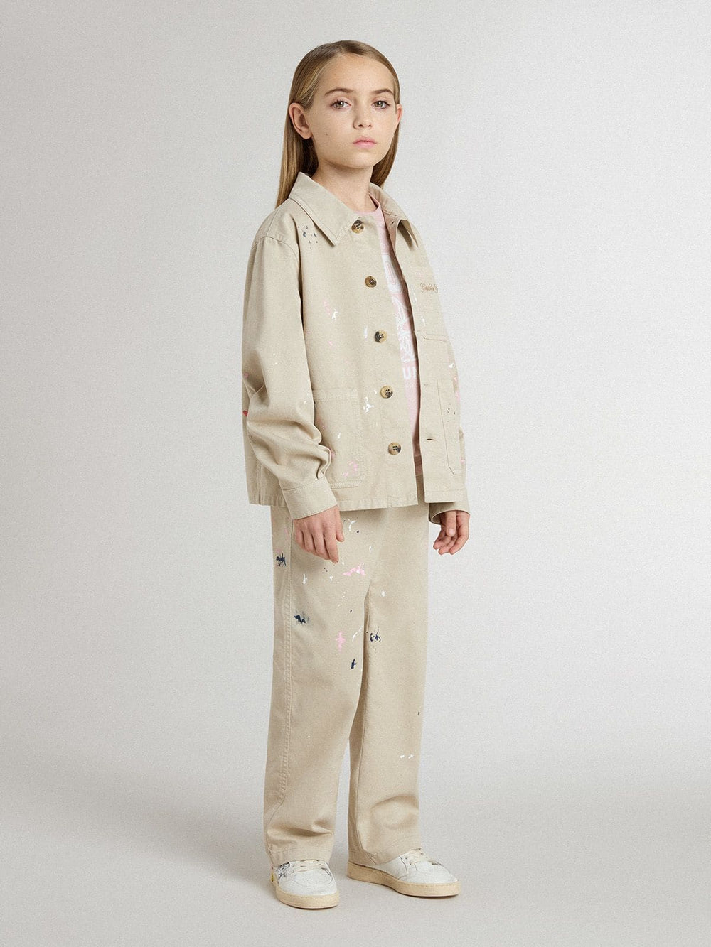 Golden Goose Kids’ beige jacket with multicolor splashes