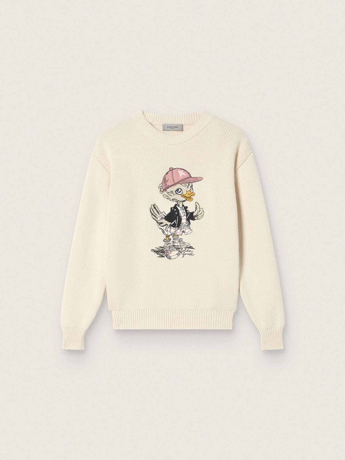 Golden Goose Golden girls’ sweater in white cotton yarn with mascot embroidery