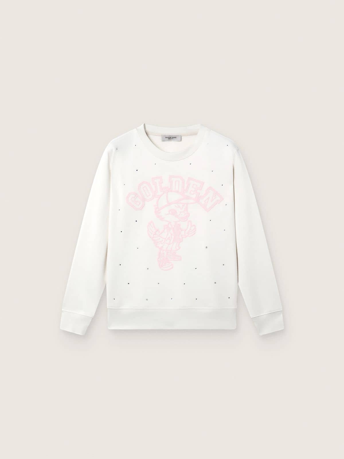 Golden Goose Journey white cotton crew-neck sweatshirt for girls with mascot print and crystal appliqués