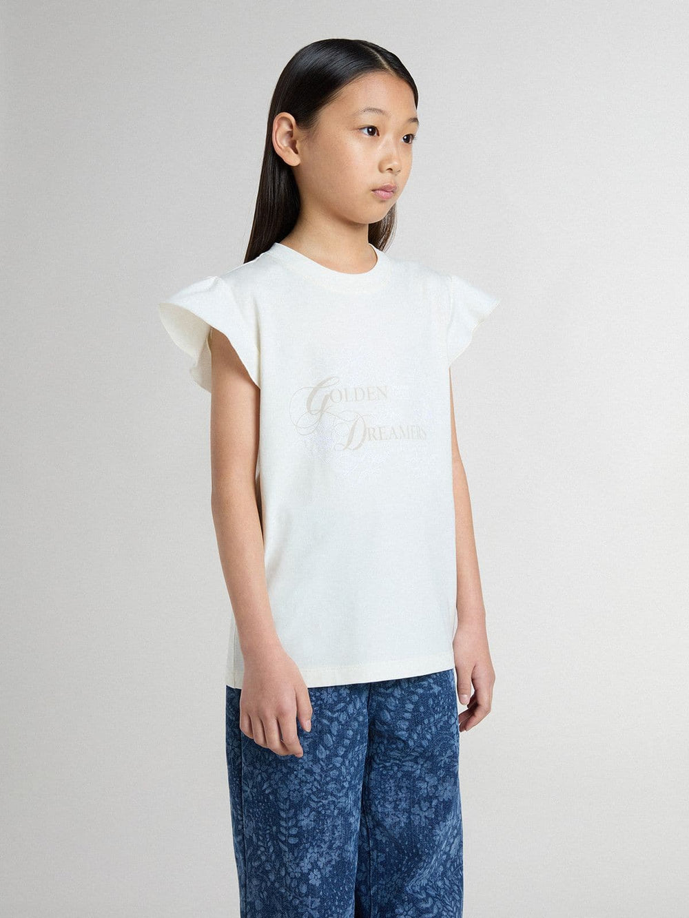 Golden Goose Girls' T-shirt with ruffled sleeves with lettering and embroidery