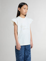 Golden Goose Girls' T-shirt with ruffled sleeves with lettering and embroidery