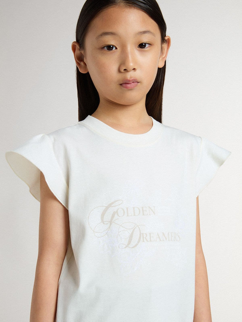 Golden Goose Girls' T-shirt with ruffled sleeves with lettering and embroidery