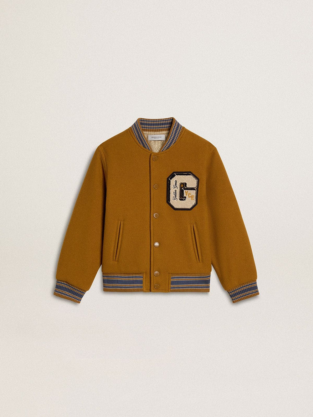 Golden Goose Kids’ wool bomber jacket in ochre yellow with patch