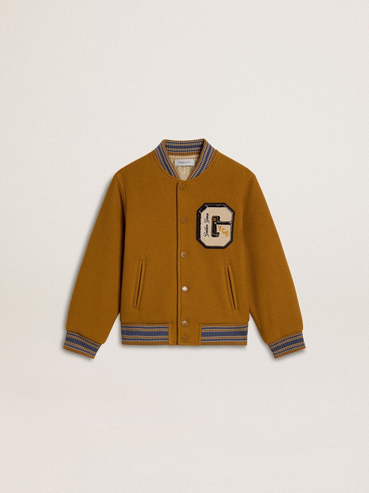 Golden Goose Kids’ wool bomber jacket in ochre yellow with patch