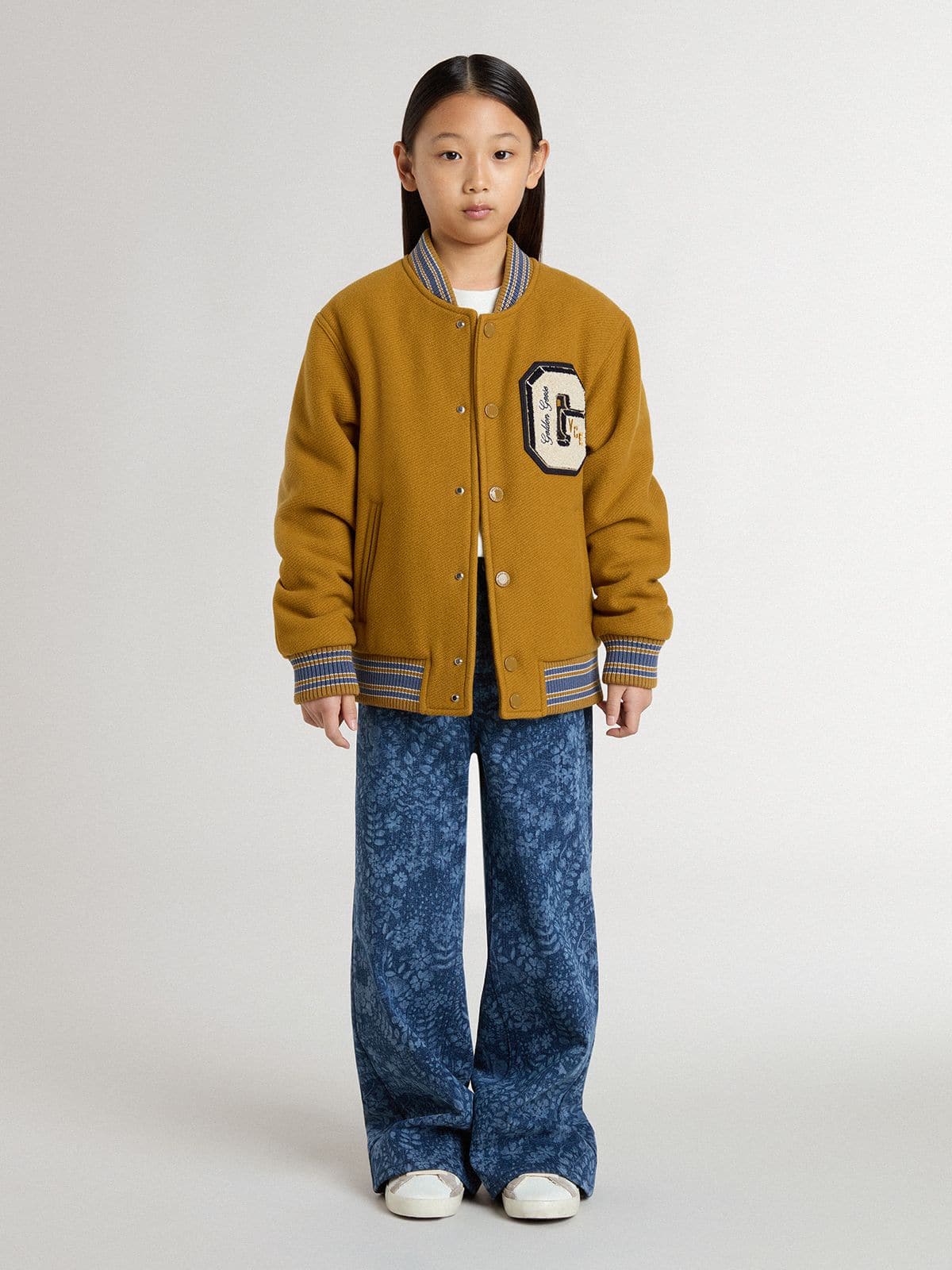 Golden Goose Kids’ wool bomber jacket in ochre yellow with patch