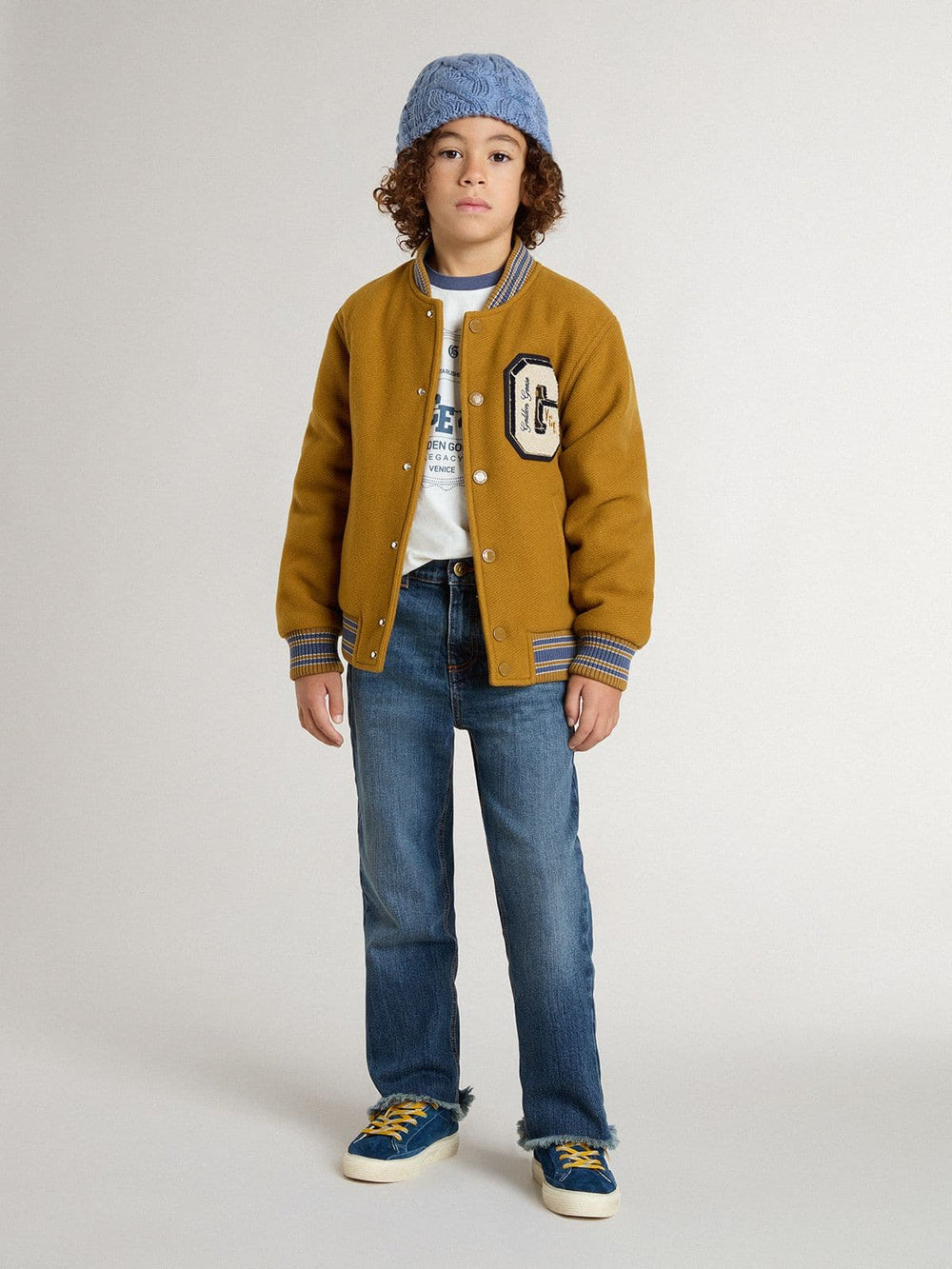 Golden Goose Kids’ wool bomber jacket in ochre yellow with patch