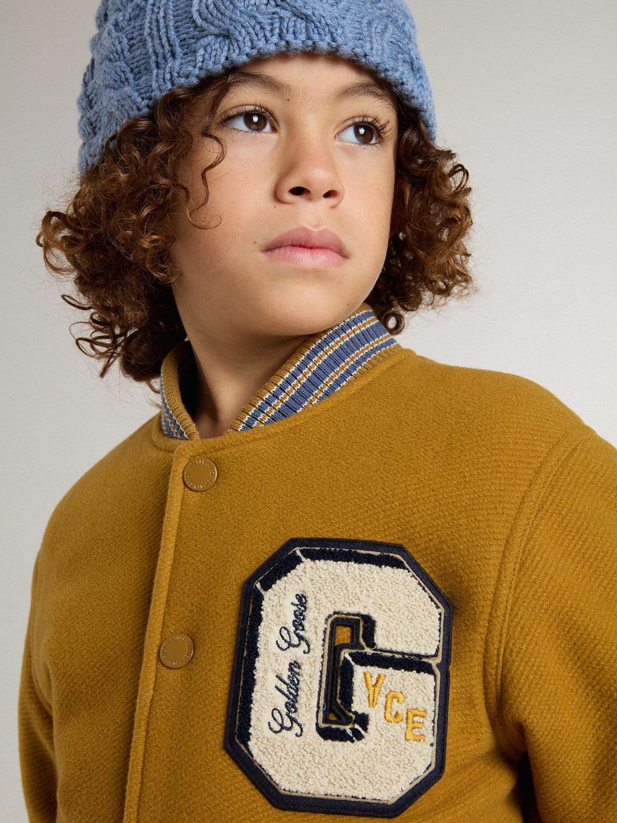 Golden Goose Kids’ wool bomber jacket in ochre yellow with patch