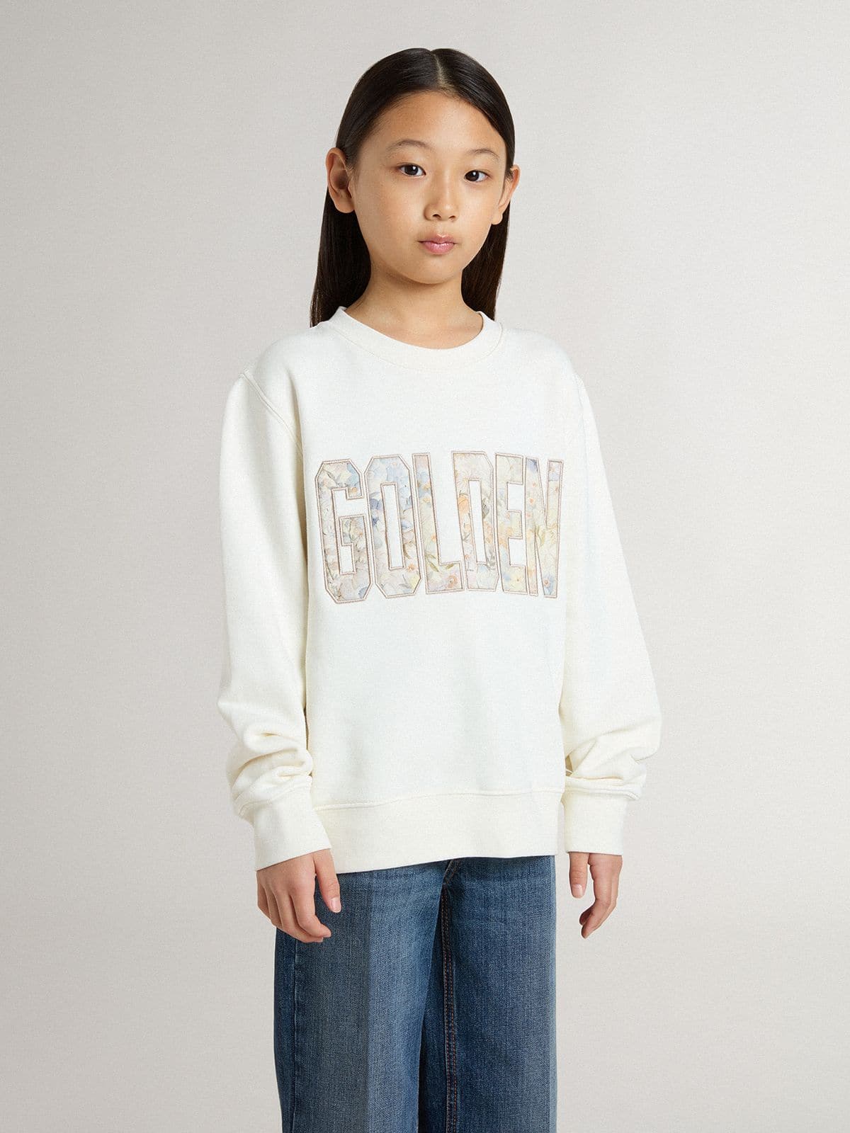 Golden Goose Girls' white sweatshirt with multicolor Golden writing on the front