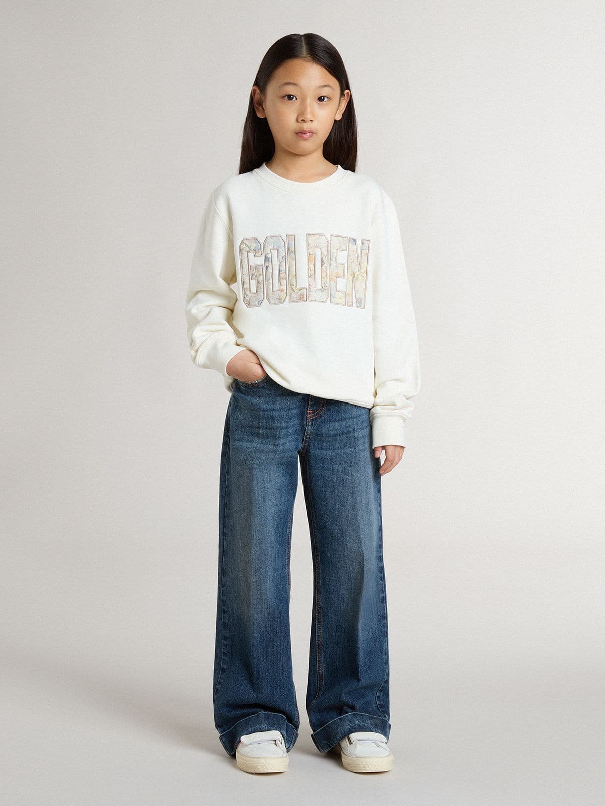 Golden Goose Girls' white sweatshirt with multicolor Golden writing on the front
