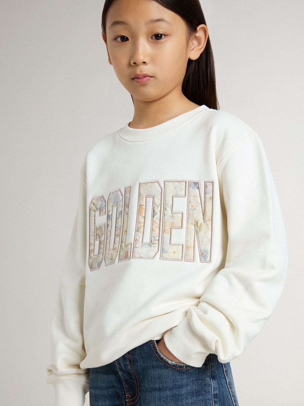 Golden Goose Girls' white sweatshirt with multicolor Golden writing on the front