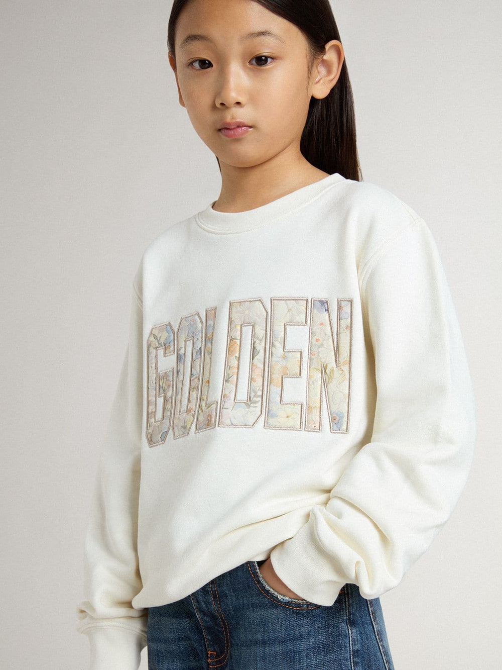 Golden Goose Girls' white sweatshirt with multicolor Golden writing on the front