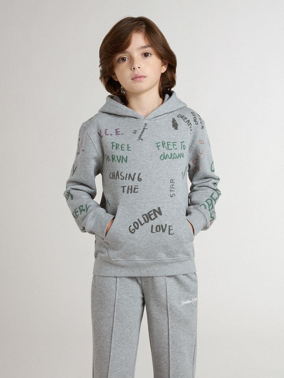 Golden Goose Kids’ gray sweatshirt with multicolor printed lettering