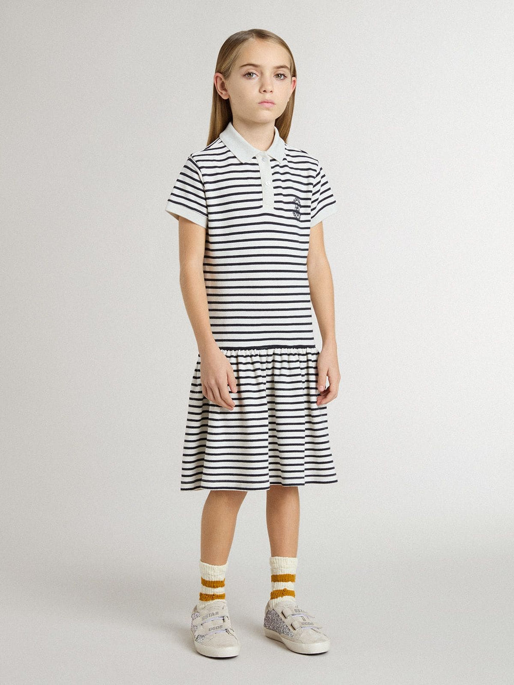 Golden Goose Girls' midi dress in striped cotton blend with embroidery