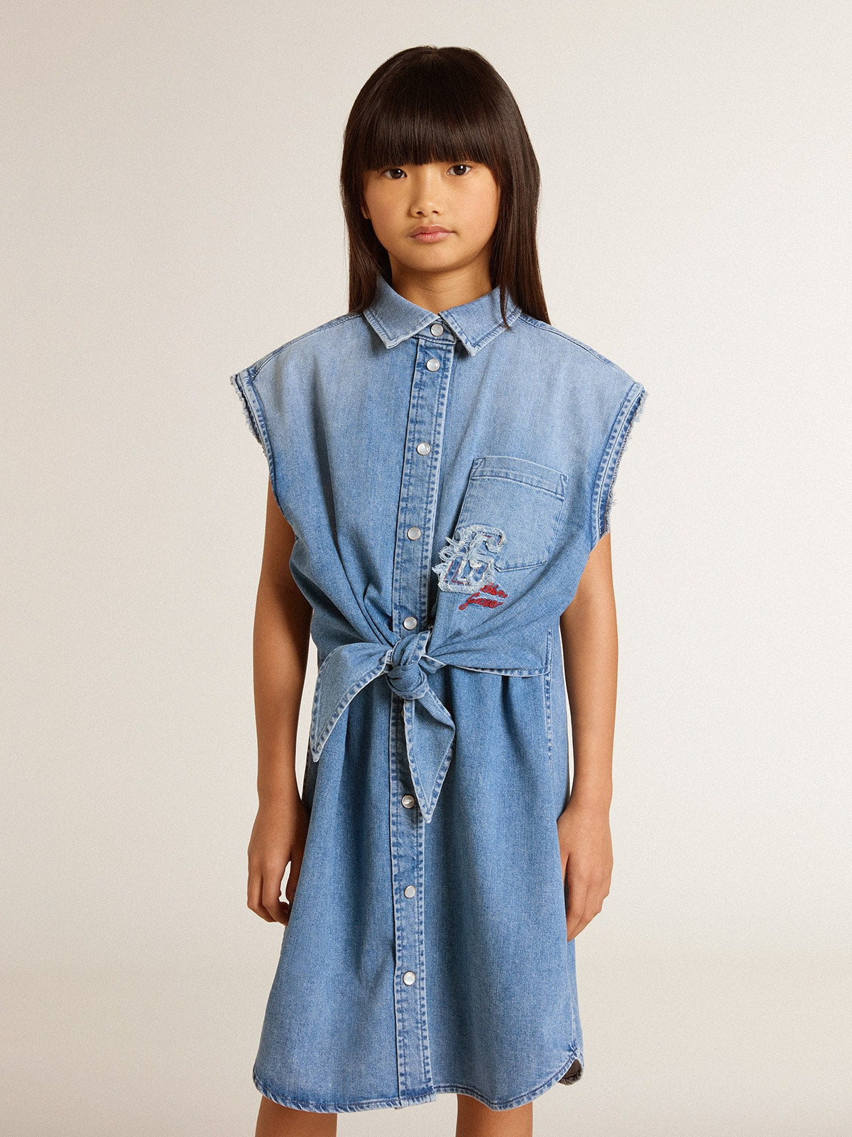 Golden Goose Girls' denim dress with front knot and embroidery