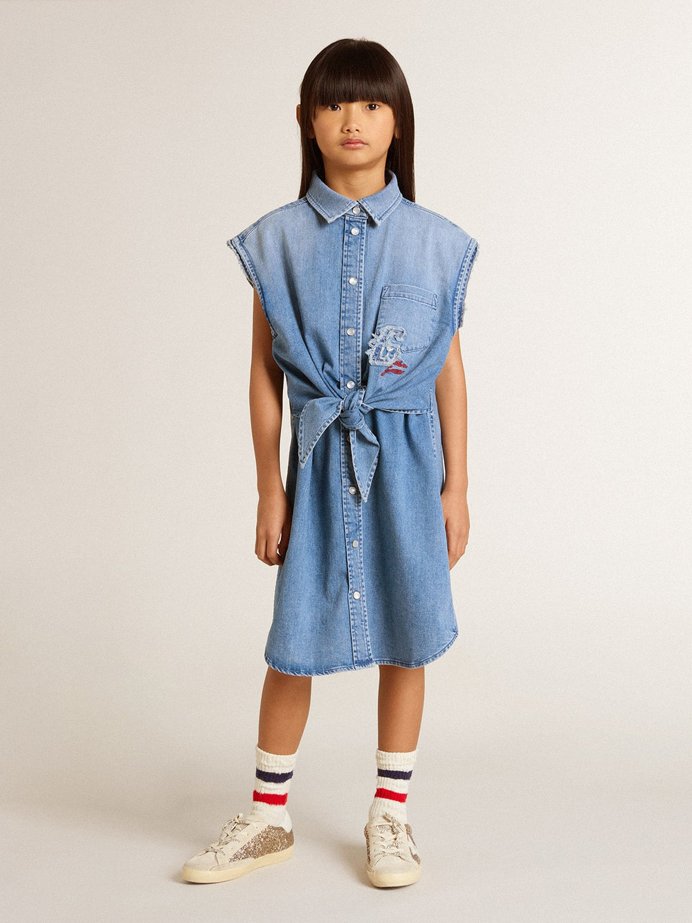 Golden Goose Girls' denim dress with front knot and embroidery