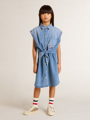Golden Goose Girls' denim dress with front knot and embroidery