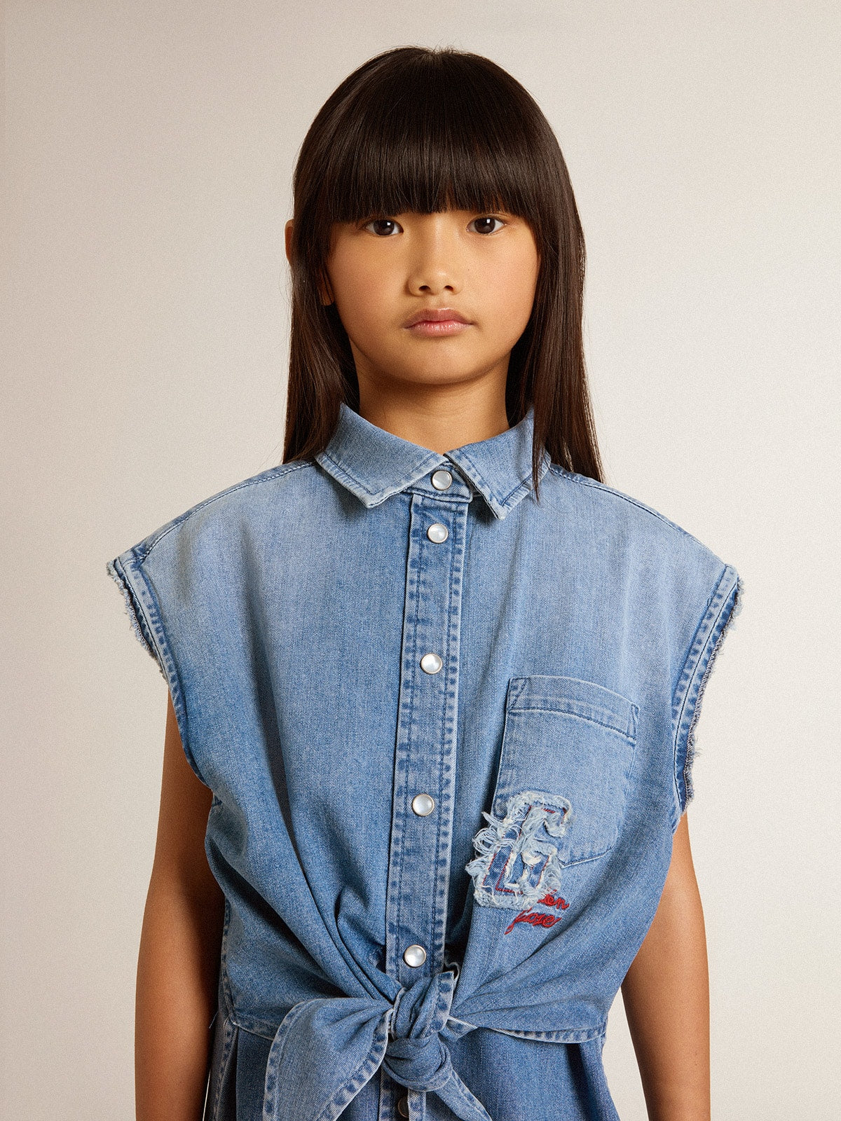 Golden Goose Girls' denim dress with front knot and embroidery