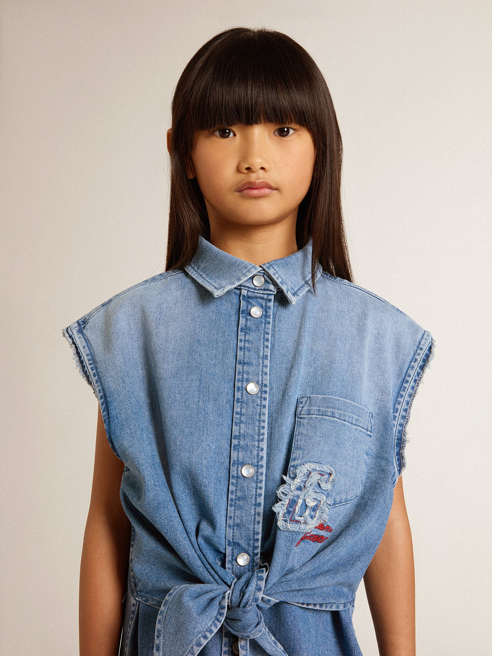 Golden Goose Girls' denim dress with front knot and embroidery
