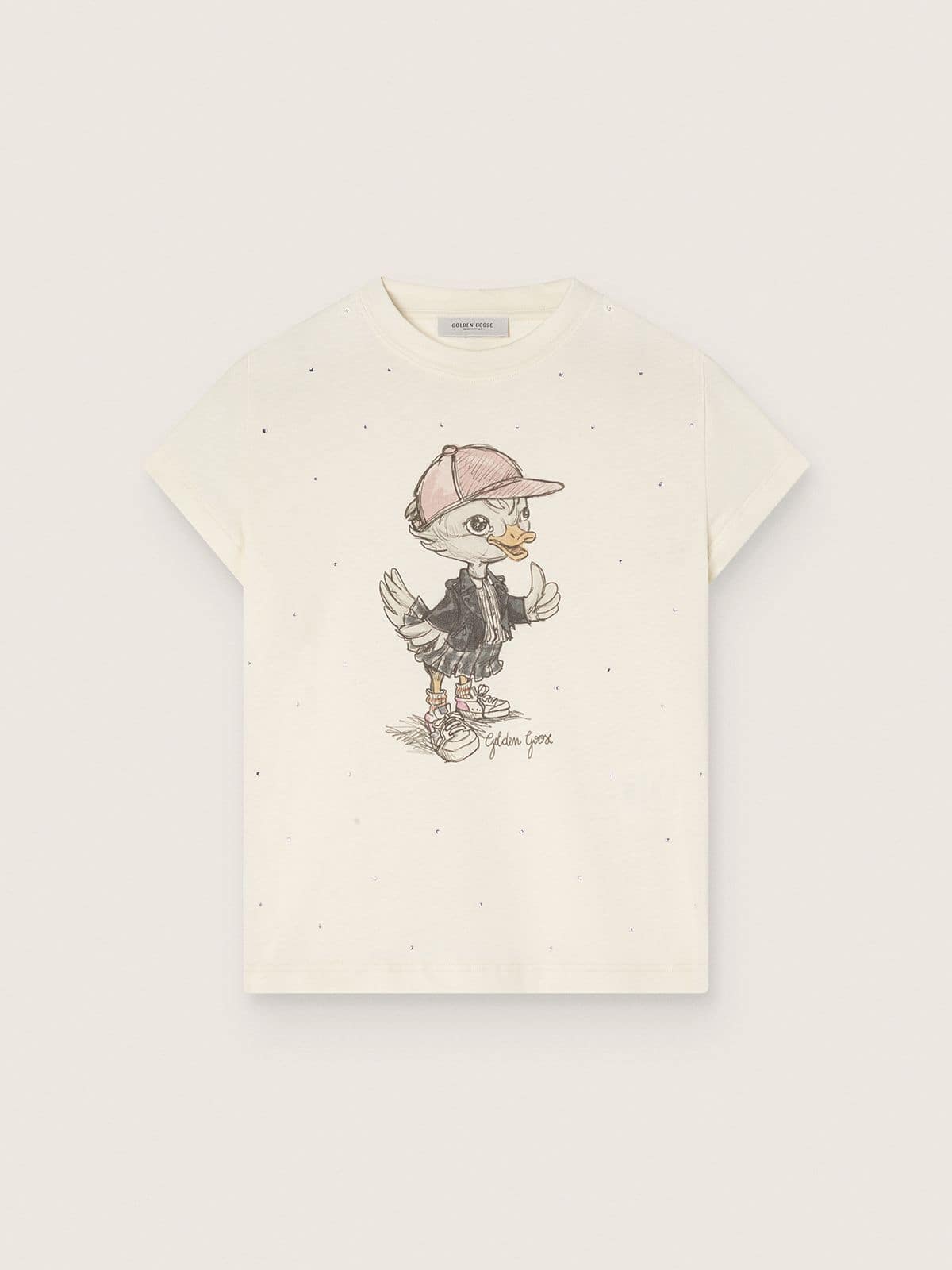 Golden Goose Journey T-shirt for girls in white cotton jersey with digital mascot print and crystal appliqués