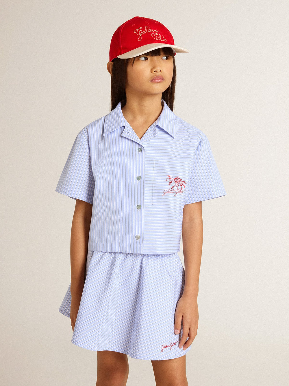 Golden Goose Girls' cropped shirt in striped light blue cotton