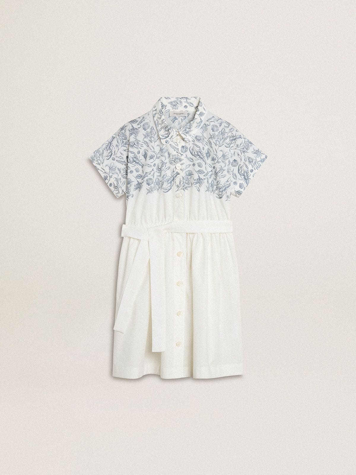 Golden Goose Girls’ shirt dress in white cotton canvas with a blue nautical print and white piping
