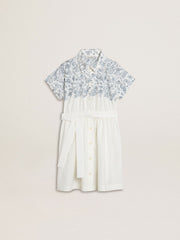 Golden Goose Girls’ shirt dress in white cotton canvas with a blue nautical print and white piping