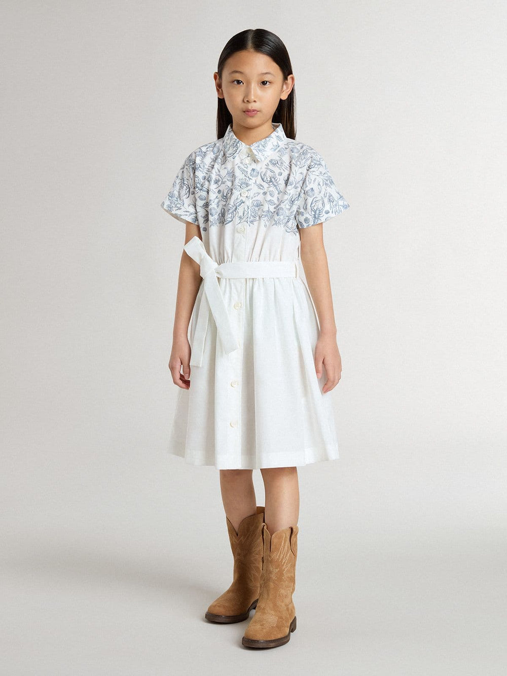 Golden Goose Girls’ shirt dress in white cotton canvas with a blue nautical print and white piping