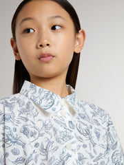 Golden Goose Girls’ shirt dress in white cotton canvas with a blue nautical print and white piping