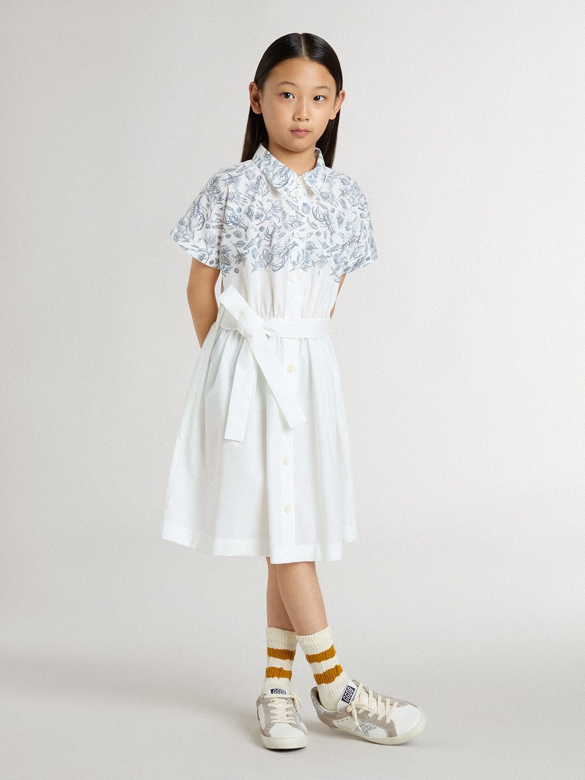 Golden Goose Girls’ shirt dress in white cotton canvas with a blue nautical print and white piping