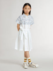 Golden Goose Girls’ shirt dress in white cotton canvas with a blue nautical print and white piping