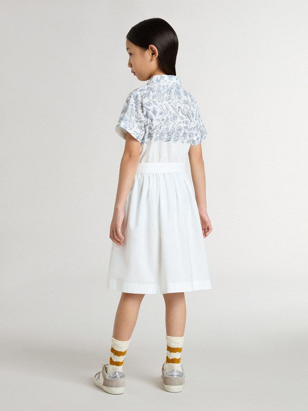 Golden Goose Girls’ shirt dress in white cotton canvas with a blue nautical print and white piping